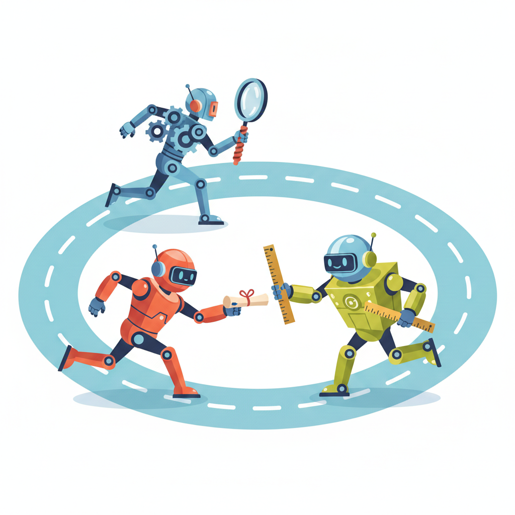 Three robots running a relay race on a circular track, passing a baton