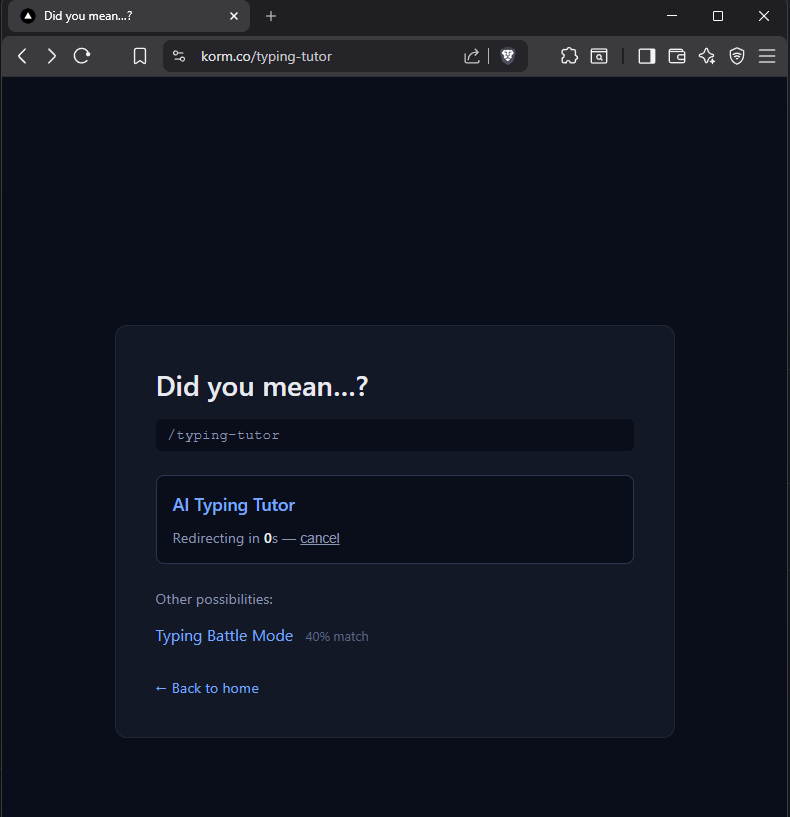 agent404-server on korm.co suggesting AI Typing Tutor for a mistyped URL