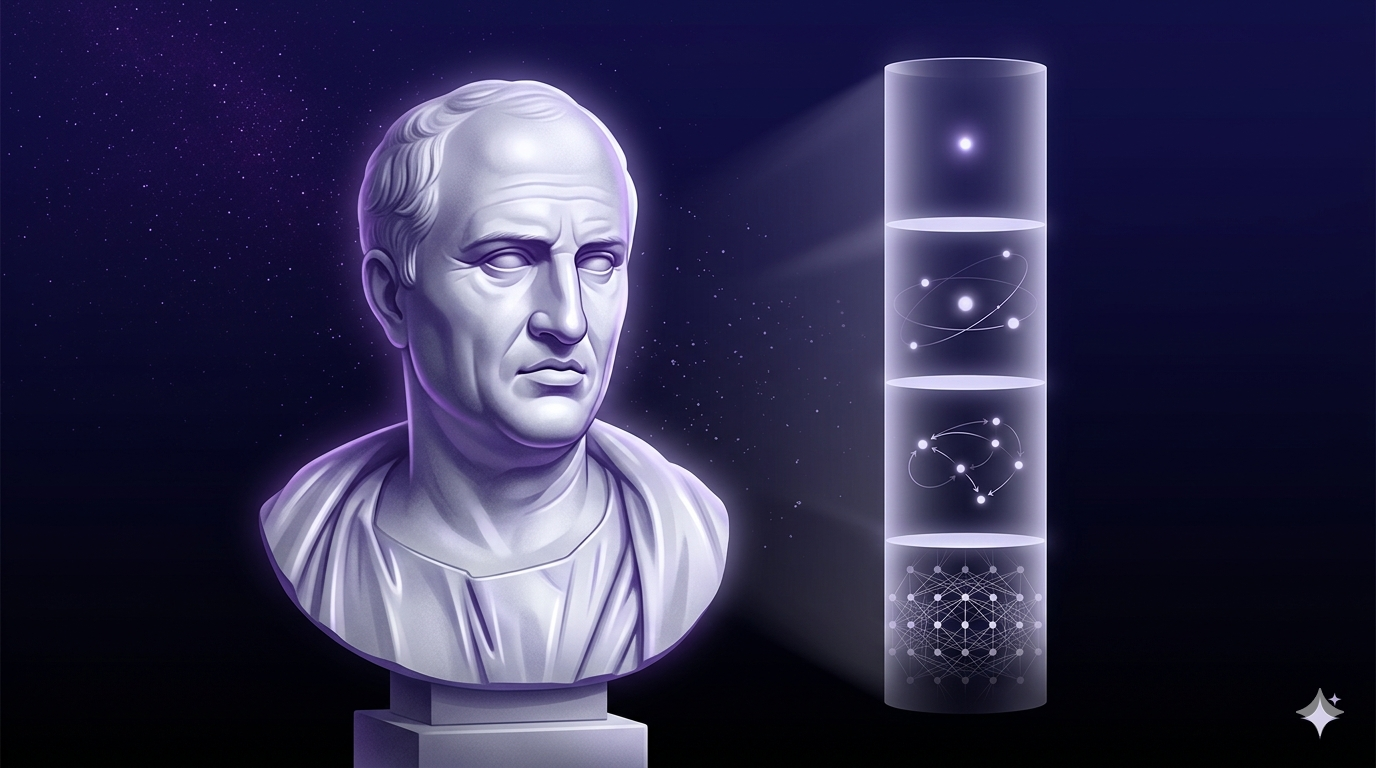A vertical column of light divided into four glowing strata representing layers of AI practice