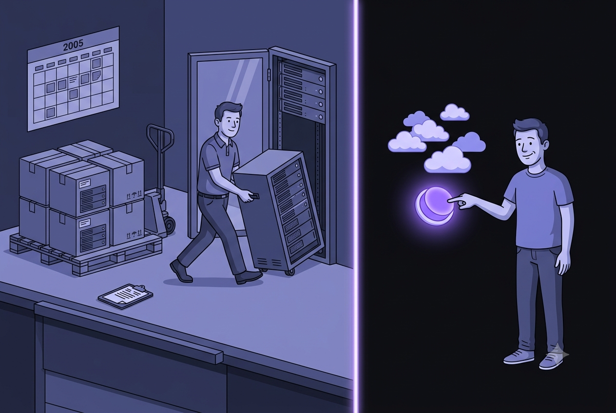 Then: wheeling a rack server through a 2005 data center. Now: pressing a glowing cloud button.
