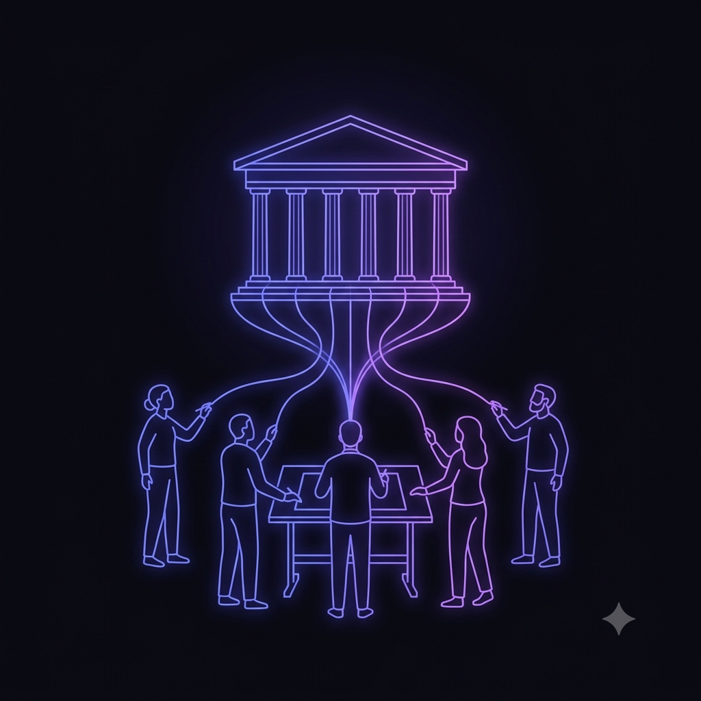 Neon line-art of a team around a drafting table, their strokes converging upward into one coherent classical temple
